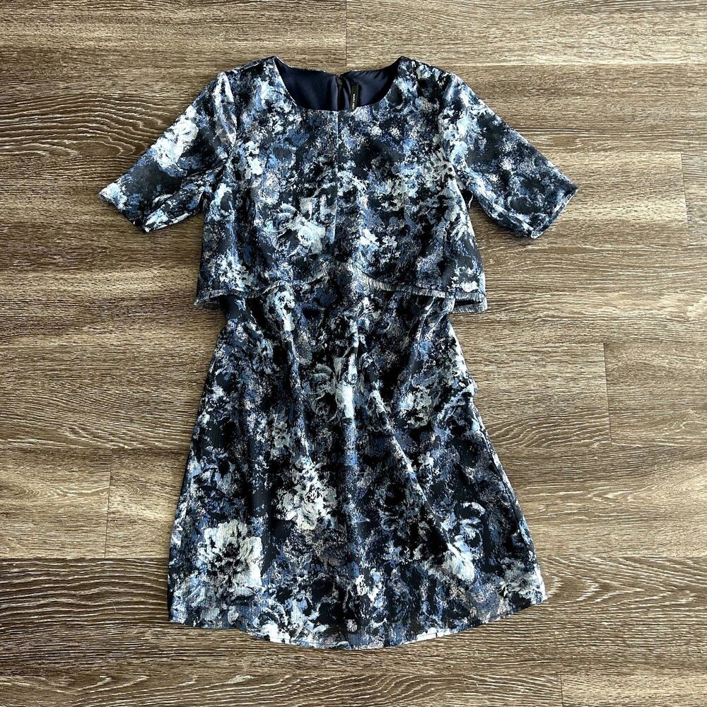 EUC Marc New York Andrew Marc Blue Floral Sheer Sheath Dress Size 4 Elegant Chic